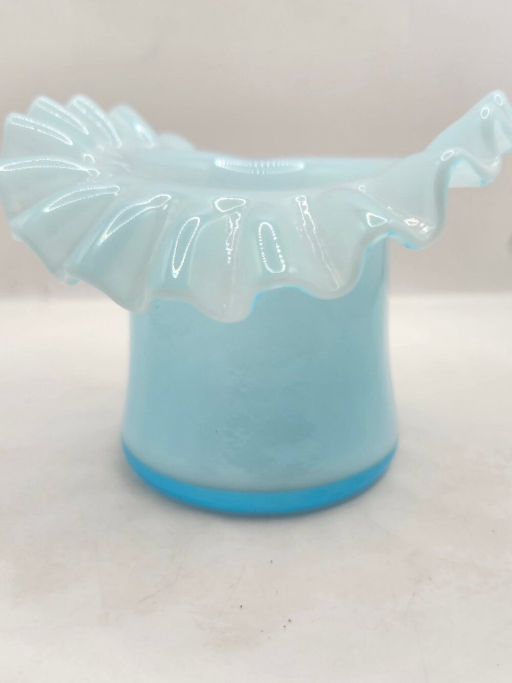 Vintage Fenton Art Glass Blue Overlay Aqua Hat Vase